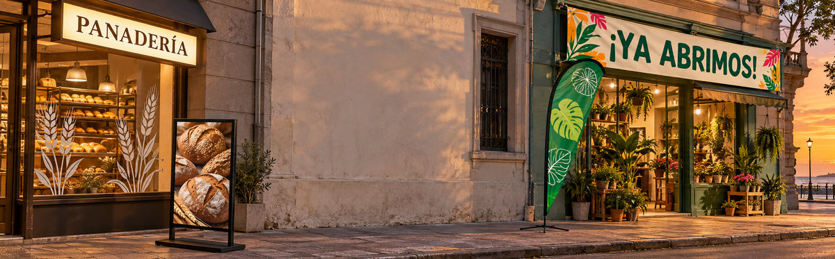 Calle comercial ficticia uruguaya al atardecer con luminoso, vidriera ploteada, cartel de vereda, bandera gota y pasacalle de apertura.