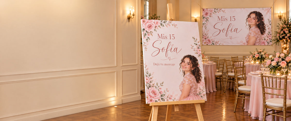 Kit de quince años de Sofía en salón, con mural de Sintra y pasacalle a la derecha y zona izquierda tranquila.