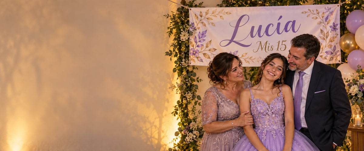 Imagen conceptual de Lucía, quinceañera ficticia, abrazada por su familia frente a un pasacalle personalizado de quince años.
