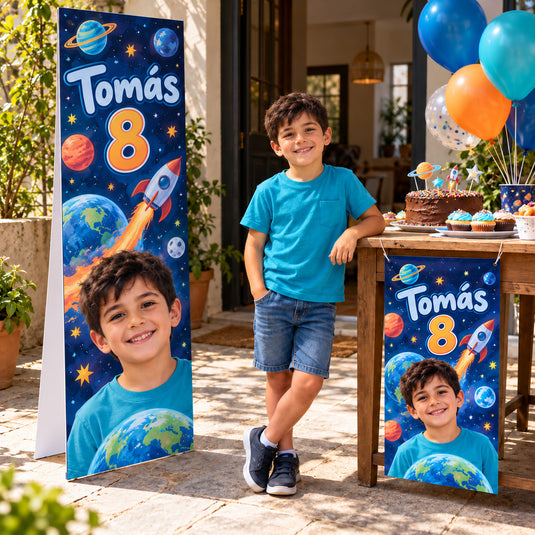 Cumpleaños espacial de Tomás, niño ficticio de ocho años, con banner rígido de pie y mini banner de lona coordinado colgado de la mesa.