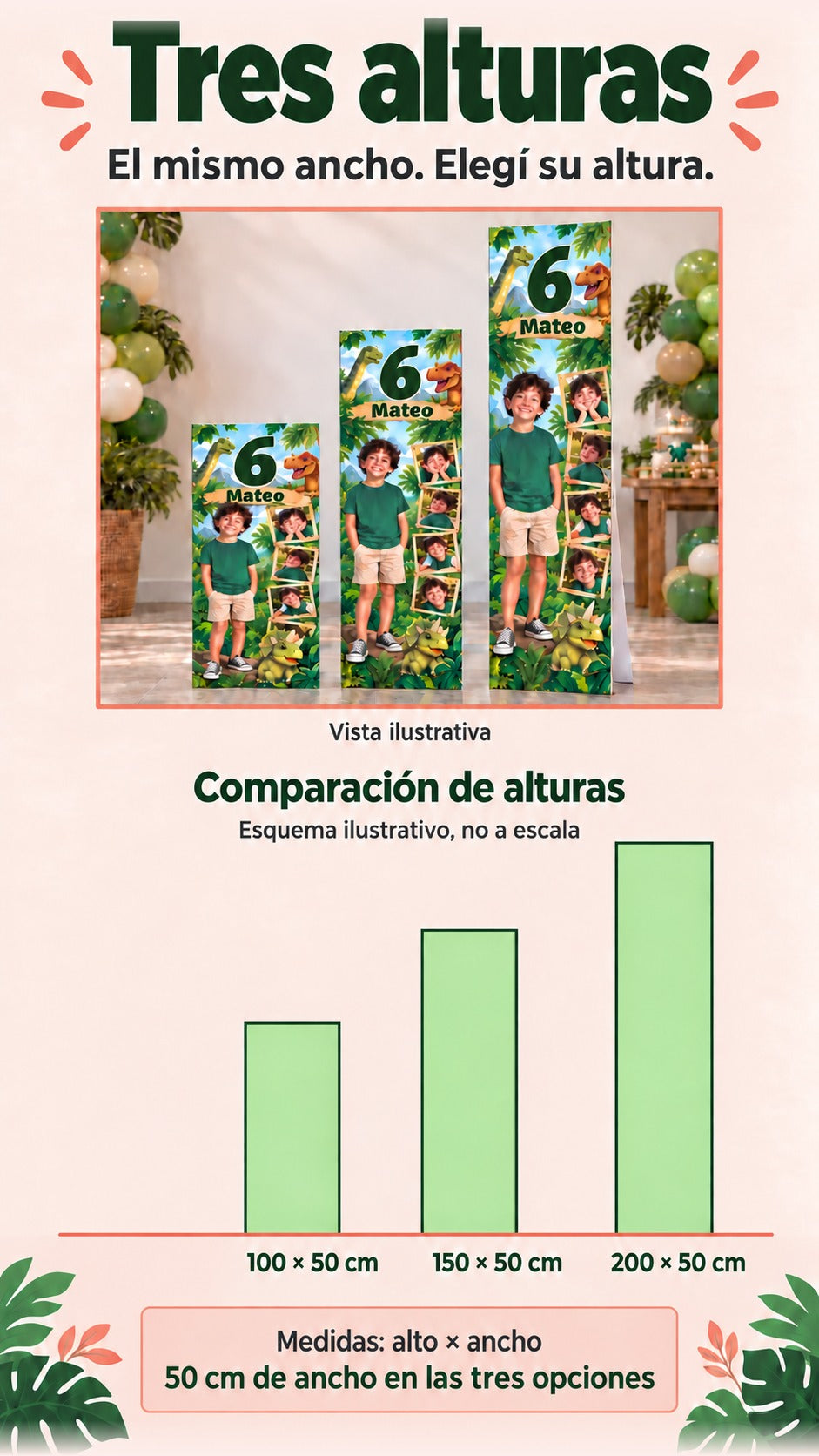 Tres alturas de banner rígido, 100, 150 y 200 cm por 50 cm de ancho, con esquema explícitamente ilustrativo no a escala y foto ilustrativa.