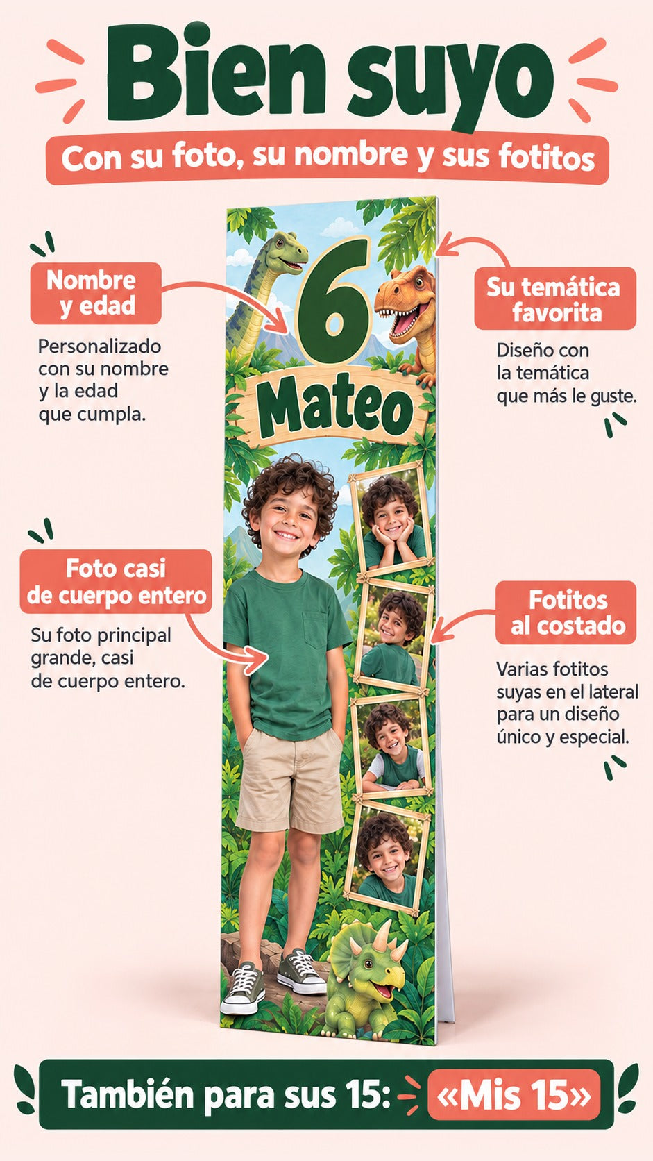 Campos personalizables del banner: foto casi de cuerpo entero, nombre y edad, fotitos laterales y temática.