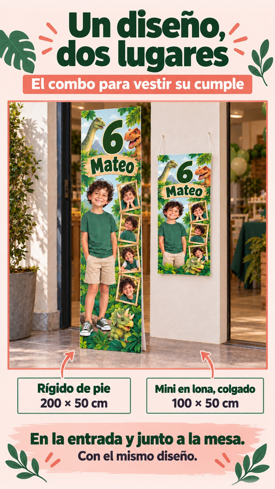 Combo de rígido vertical 200 por 50 cm de pie y mini lona 100 por 50 cm colgada con diseño coordinado.