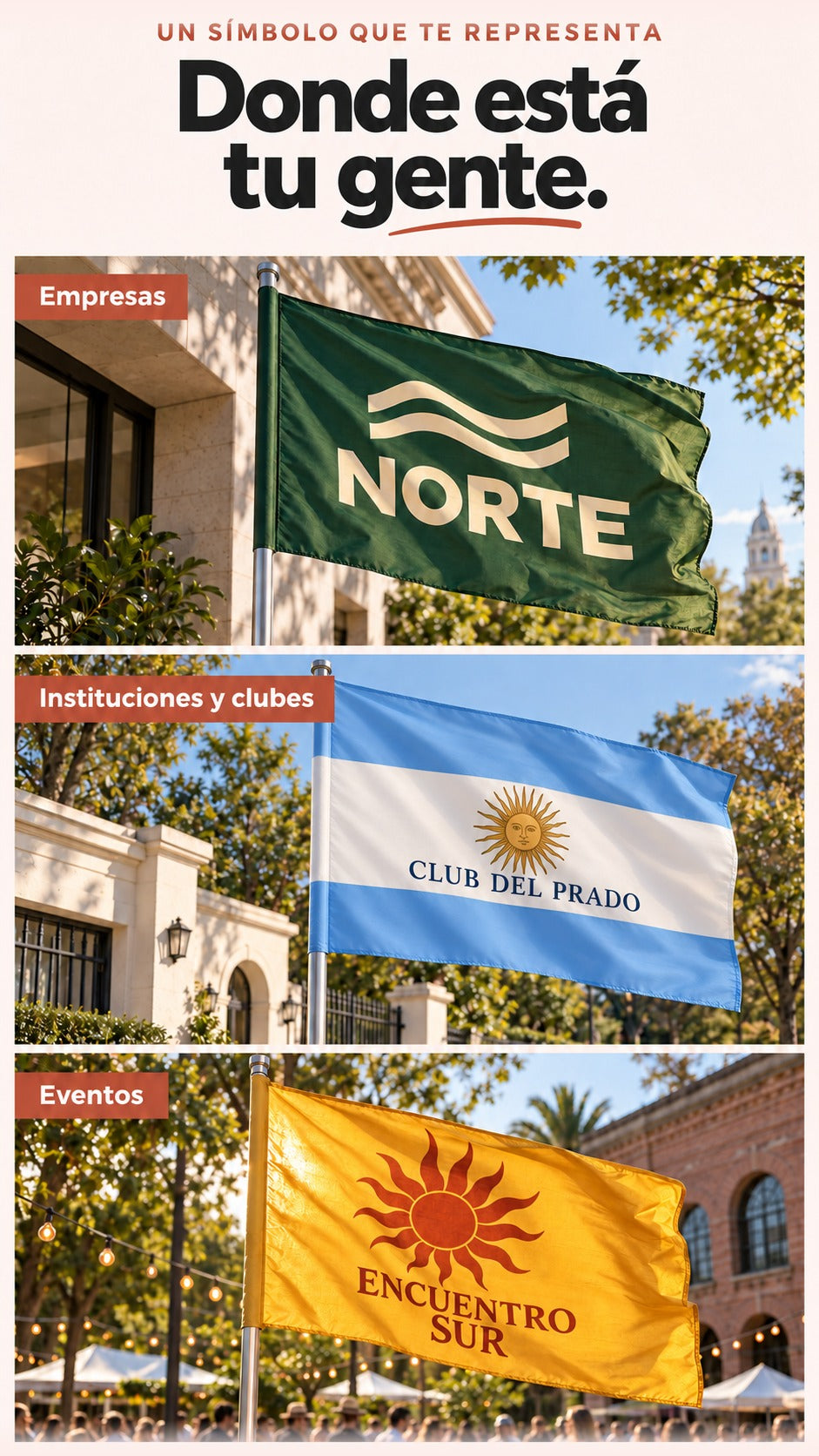 Imagen conceptual de banderas rectangulares con marcas ficticias en una empresa, un club y un evento uruguayos.