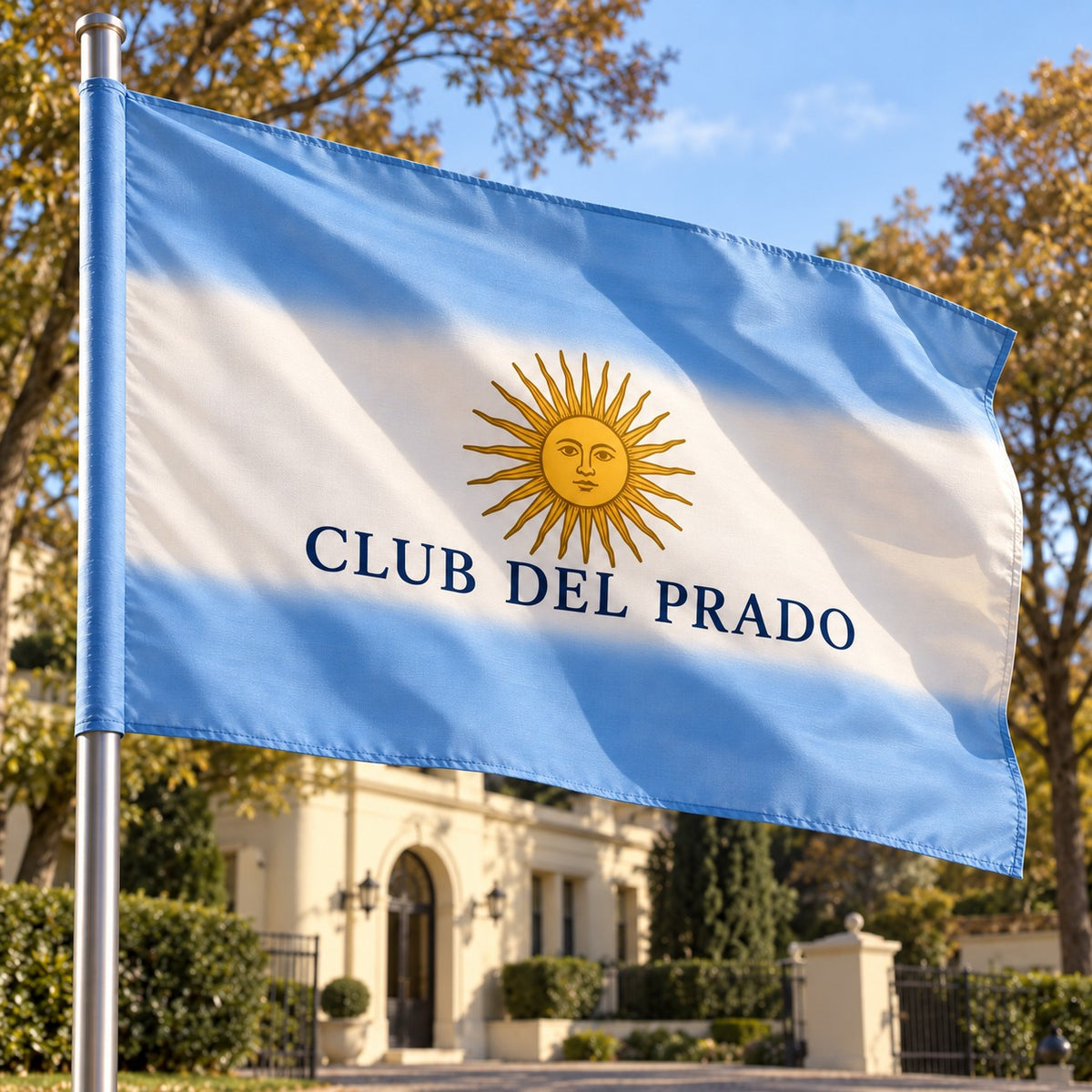 Imagen conceptual de una bandera celeste y blanca sublimada en un solo paño para la institución ficticia CLUB DEL PRADO.