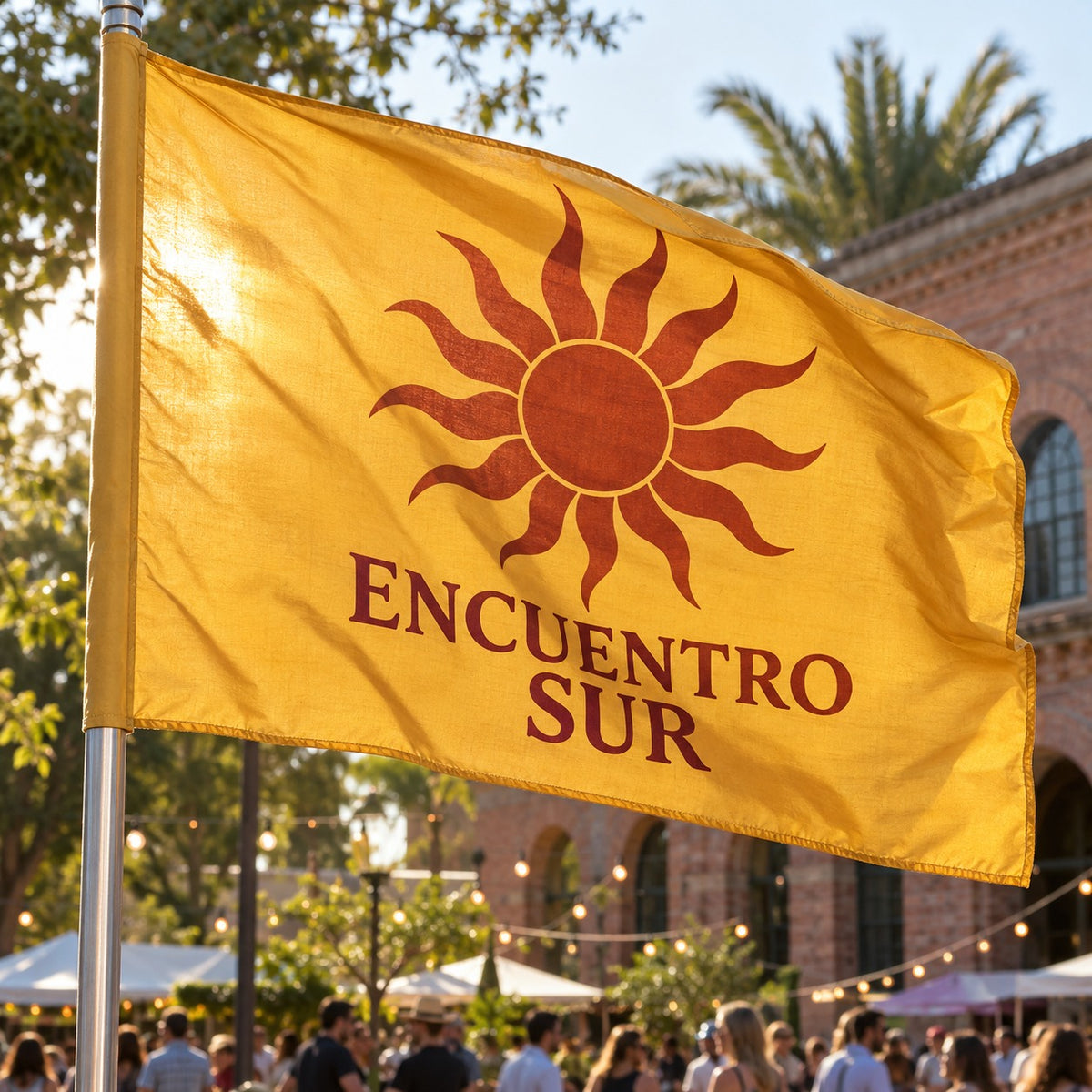 Imagen conceptual de una bandera amarilla sublimada de ENCUENTRO SUR, evento ficticio, con luz atravesando la tela.