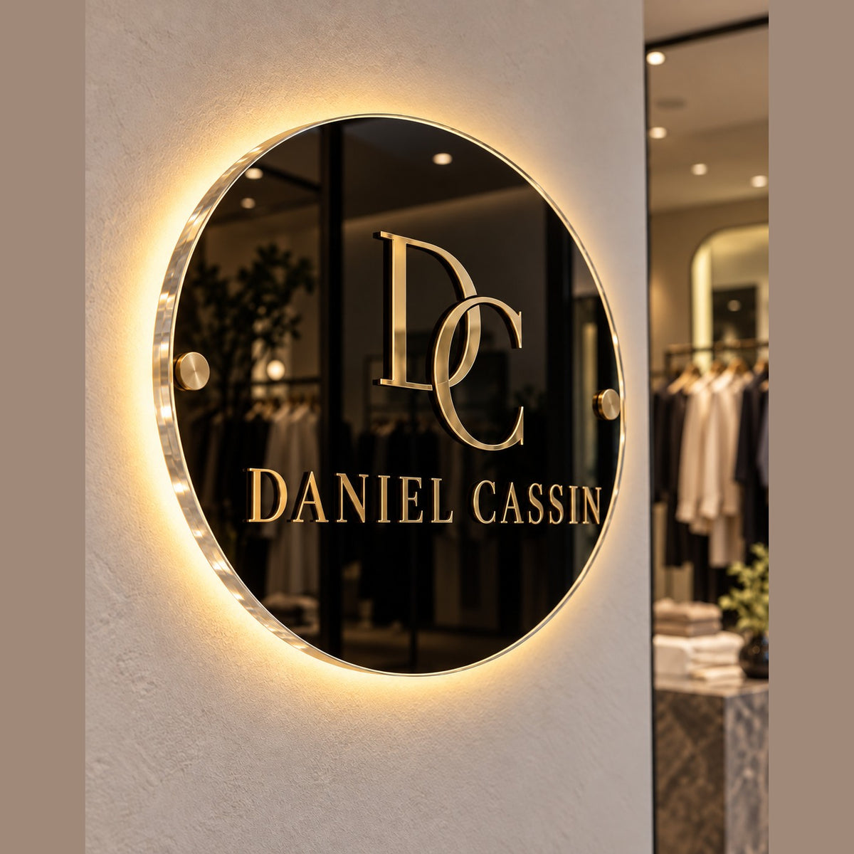 Cartel Lumi Glass de acrilico con logo dorado e iluminacion LED halo en boutique de ropa