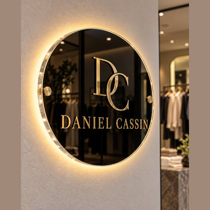 Cartel Lumi Glass de acrilico con logo dorado e iluminacion LED halo en boutique de ropa