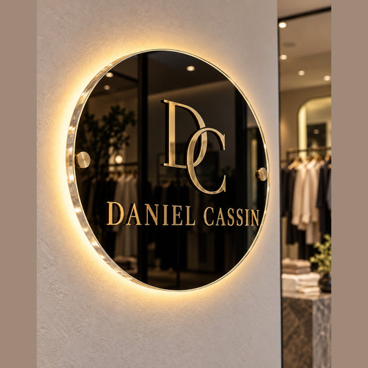 Cartel Lumi Glass de acrilico con logo dorado e iluminacion LED halo en boutique de ropa