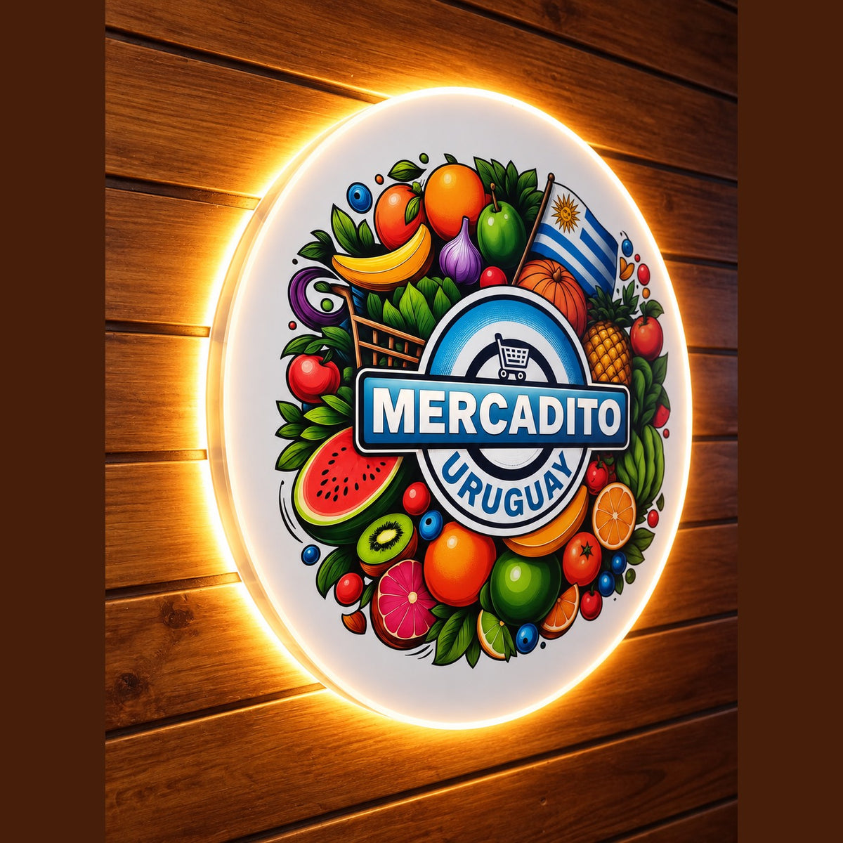 Cartel Lumi Glass redondo iluminado con logo full color en pared de madera