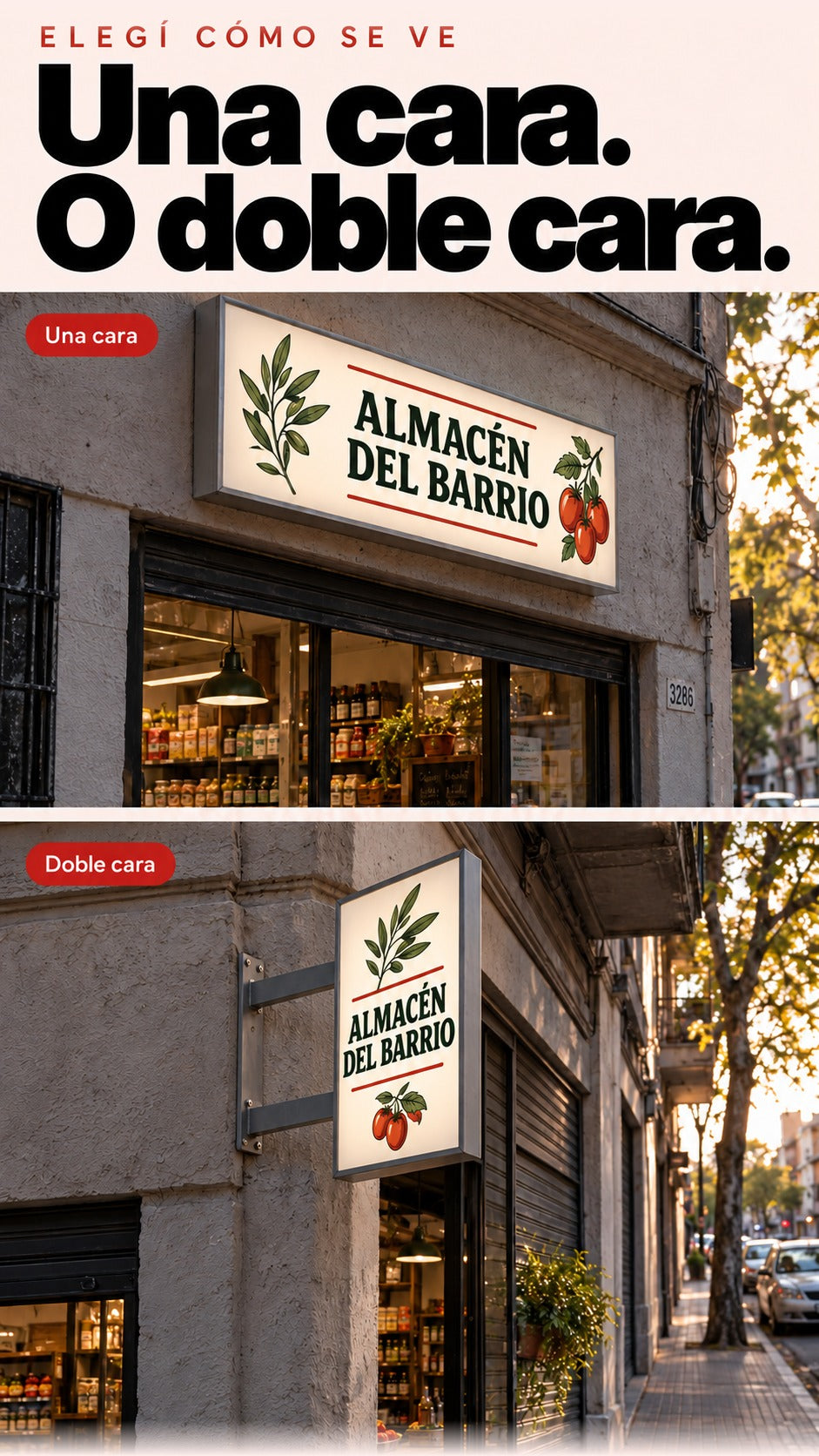 Comparación fotográfica generada de un cajón de una cara paralelo a la fachada y un cajón de doble cara que sobresale perpendicularmente con canto angosto gris satinado.