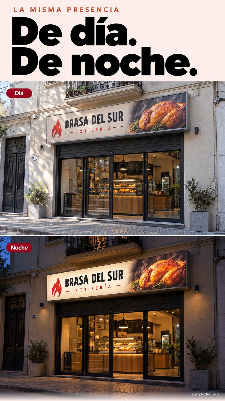 La misma fachada comercial ficticia vista de día y de noche, con la misma caja de luz y gráfica; la iluminación interior del cartel destaca por la noche.