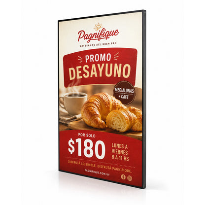 Cartel luminoso LED slim para panaderia - promo desayuno retroiluminada