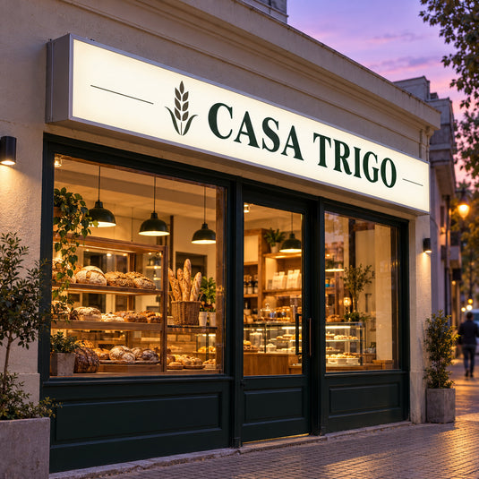 Imagen conceptual de la fachada del comercio ficticio CASA TRIGO al atardecer, con cartel luminoso tipo cajón rectangular ancho encendido y perfil gris satinado visible en tres cuartos.