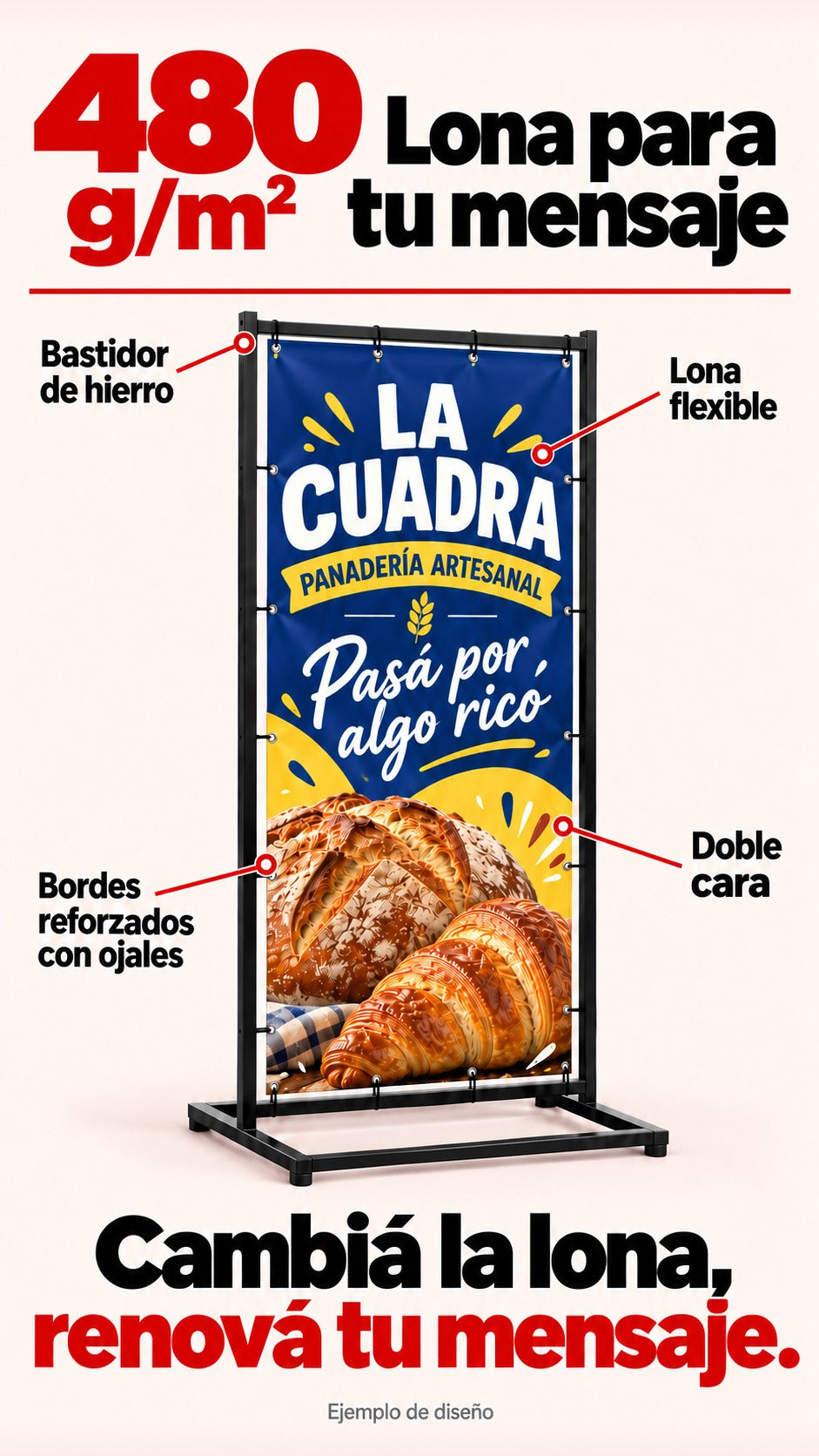 Cartel de vereda con lona flexible de 480 g/m², bastidor de hierro, doble cara y bordes reforzados con ojales. Cambiá la lona y renová tu mensaje. Ejemplo conceptual La Cuadra.