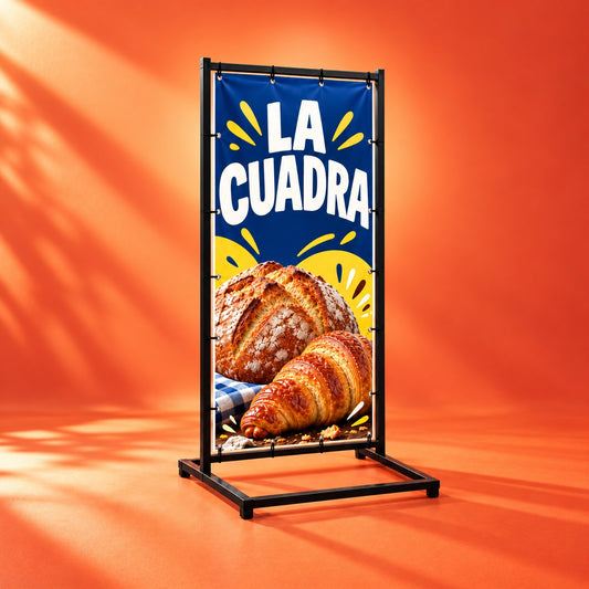 Imagen conceptual de cartel de vereda con bastidor vertical de hierro negro, base rectangular abierta y lona azul y amarilla de panadería La Cuadra, sobre fondo coral.