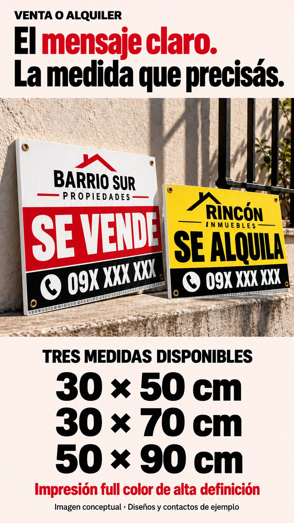 Imagen conceptual de dos carteles en cartónplast con SE VENDE y SE ALQUILA, marcas ficticias y contactos de ejemplo; muestra en una lista las medidas disponibles 30 × 50, 30 × 70 y 50 × 90 cm sin indicar orientación.