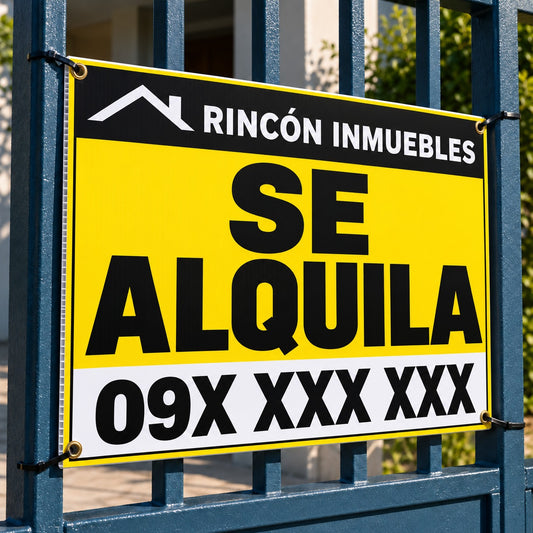 Imagen conceptual de un cartel amarillo y negro en cartónplast de Rincón Inmuebles, marca ficticia, con SE ALQUILA y contacto de ejemplo 09X XXX XXX, colocado mediante ojales y precintos en una reja azul; sin texto sobrepuesto.