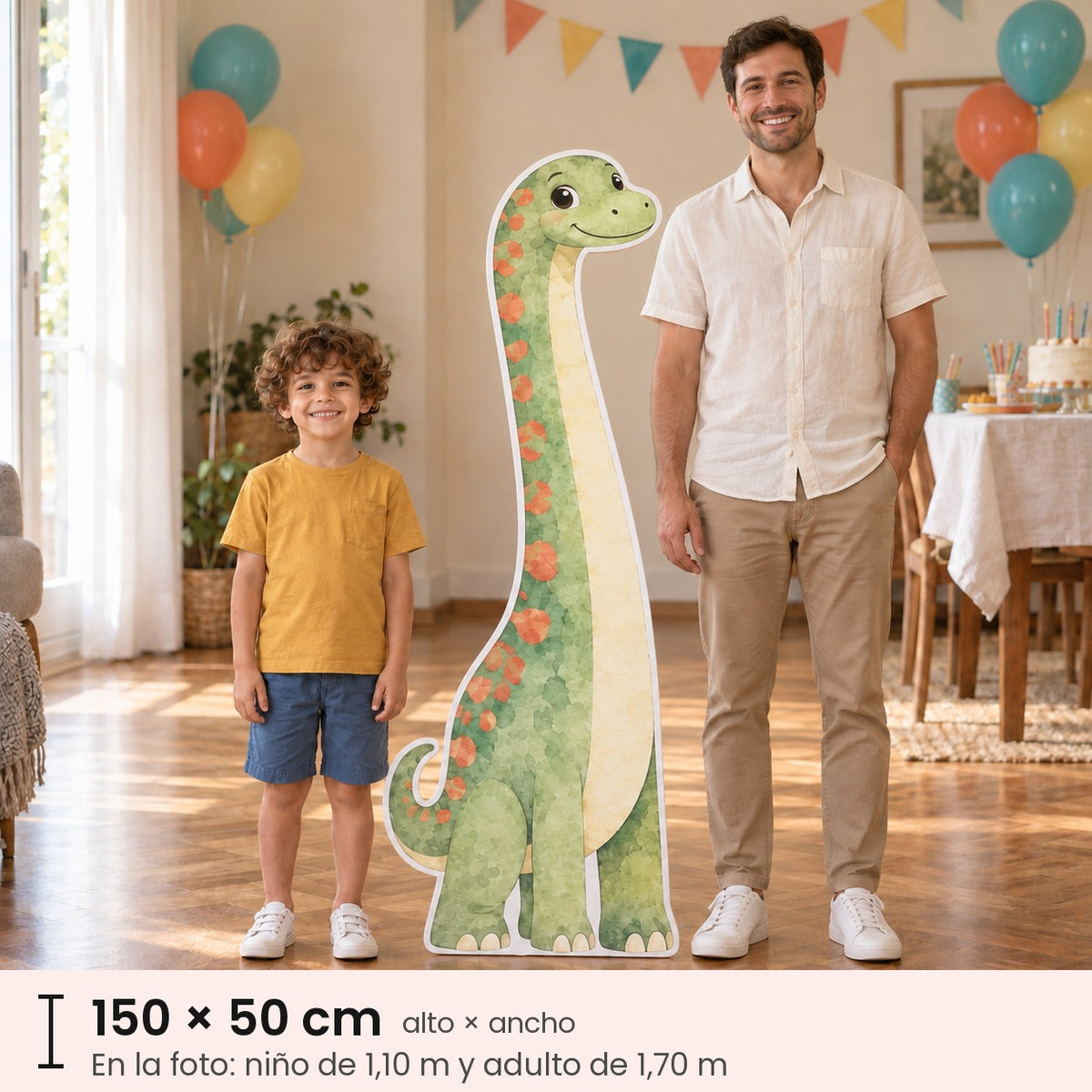 Figura rígida de 150 × 50 cm entre un niño de 1,10 m y un adulto de 1,70 m