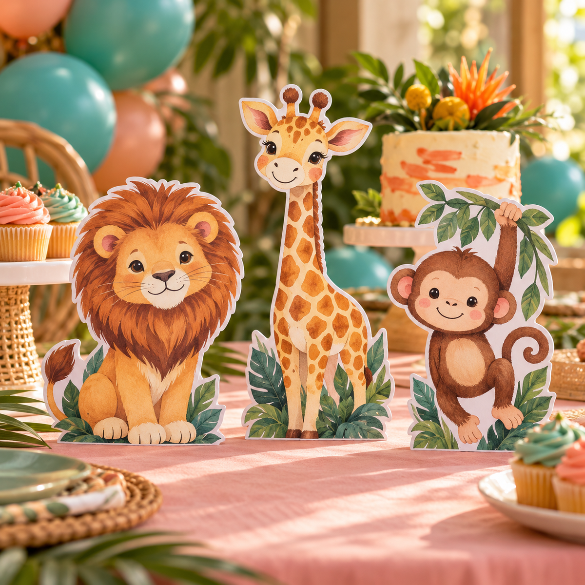 Tres figuras pequeñas de animales genéricos sobre una mesa dulce.