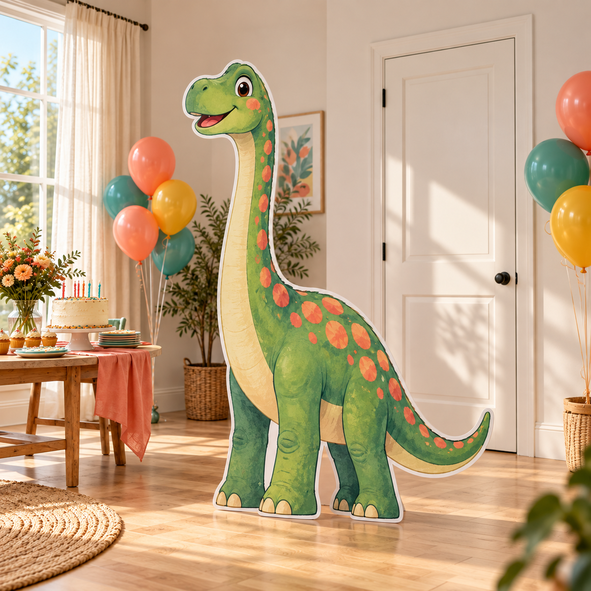 Figura plana gigante de dinosaurio genérico con canto blanco visible en un cumpleaños.