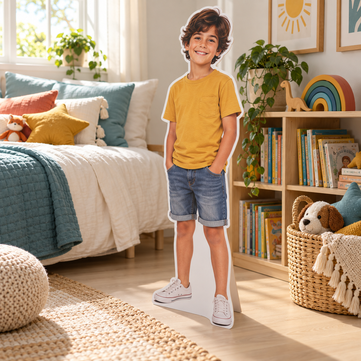Figura plana fotográfica de un niño ficticio junto a una biblioteca en un dormitorio infantil.