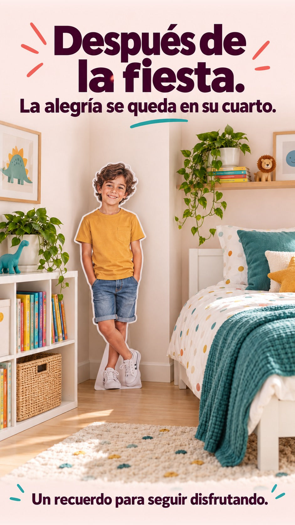 Figura fotográfica plana de un niño ficticio decorando un dormitorio infantil.