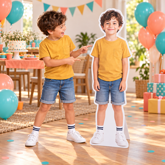 Niño ficticio sonriente junto a una figura de sí mismo a tamaño real en una fiesta.