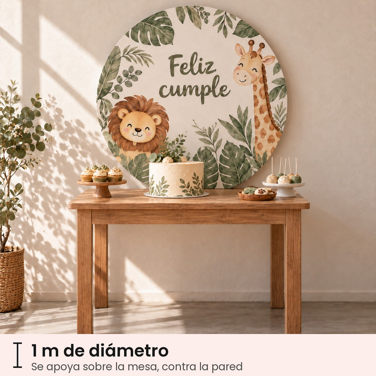 Fondo circular rígido de 1 m apoyado sobre una mesa de 1,20 m, contra la pared