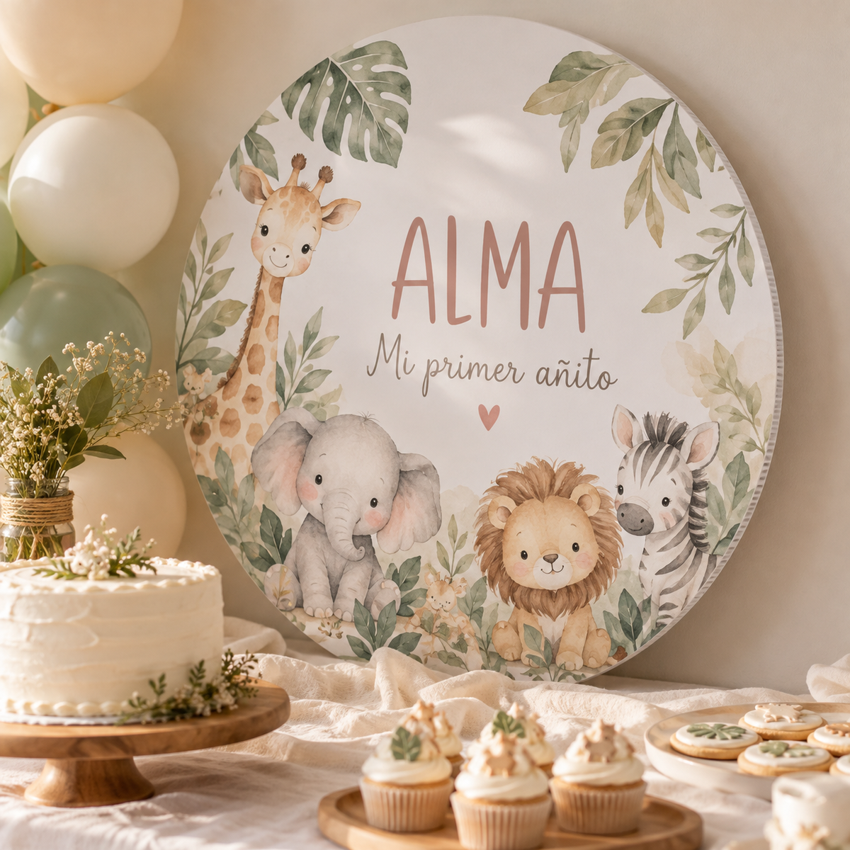 Detalle de fondo circular pequeño apoyado sobre una mesa, con canto de cartonplast y diseño de animales.