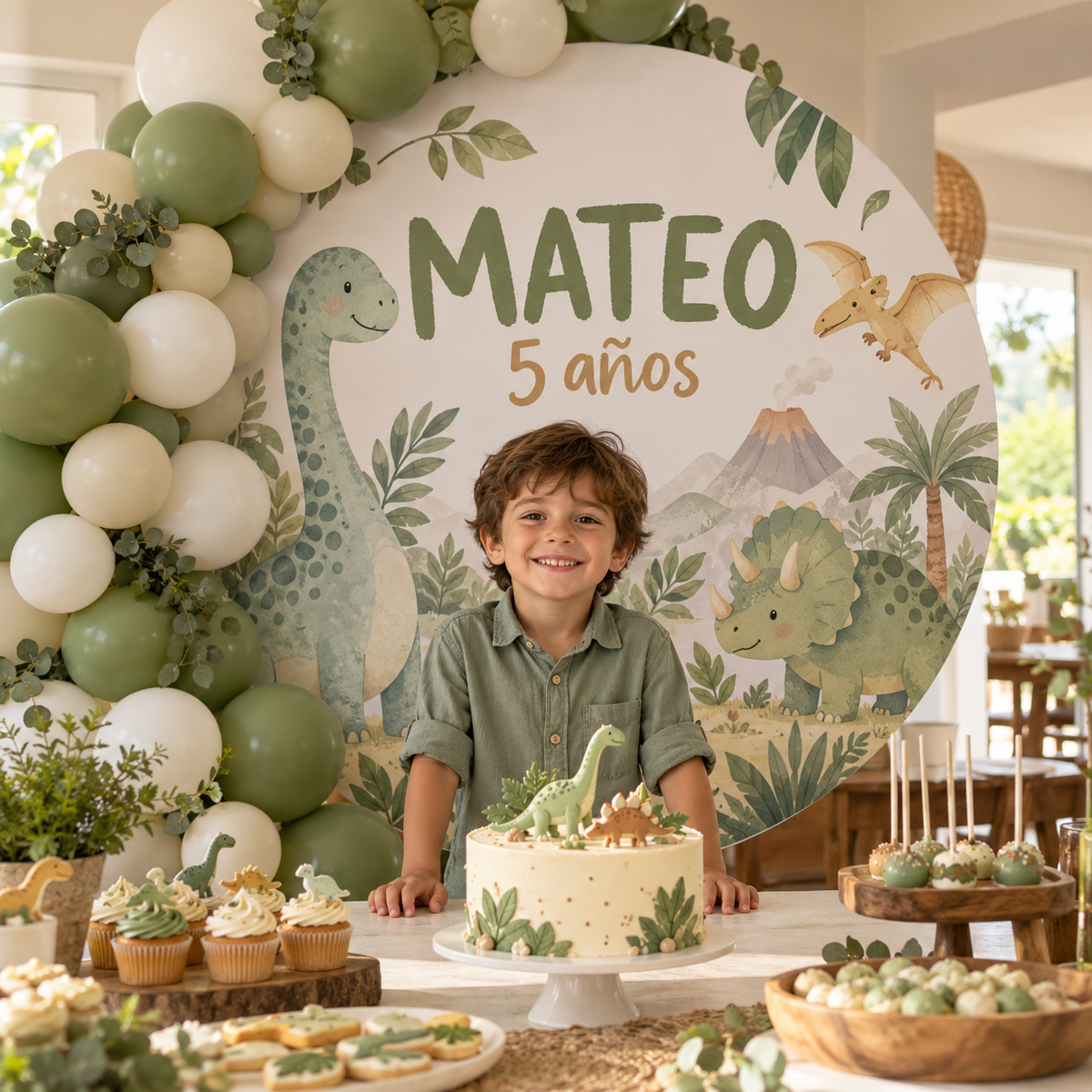 Niño ficticio festejando delante de un fondo circular de dinosaurios personalizado para Mateo.