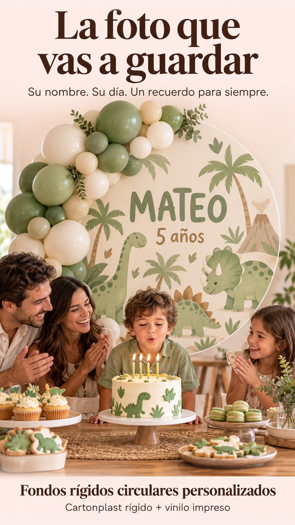 Familia ficticia celebra frente a un fondo circular de dinosaurios personalizado para Mateo.