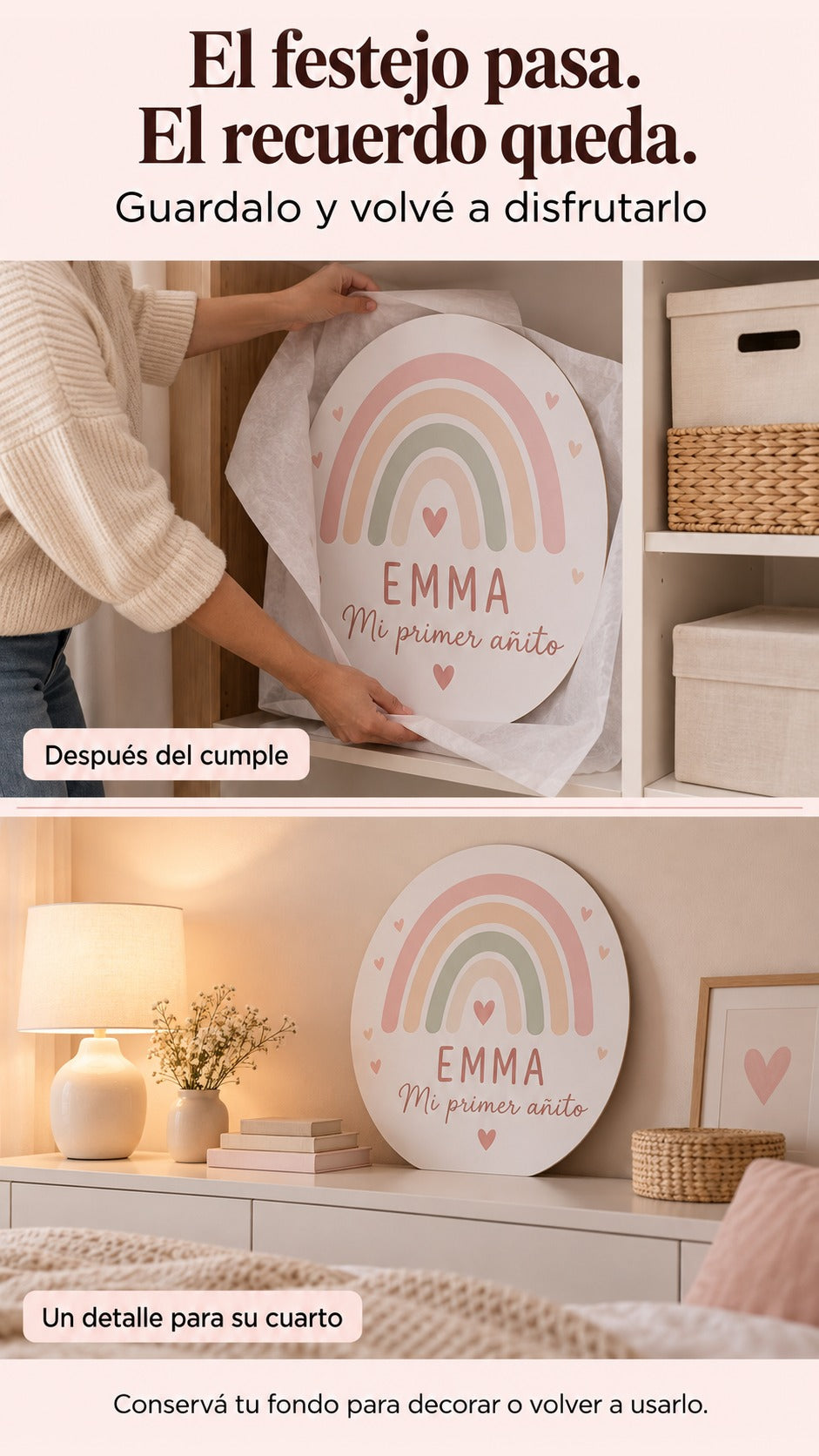 Fondo circular de arcoíris guardado plano y reutilizado como decoración de un dormitorio.