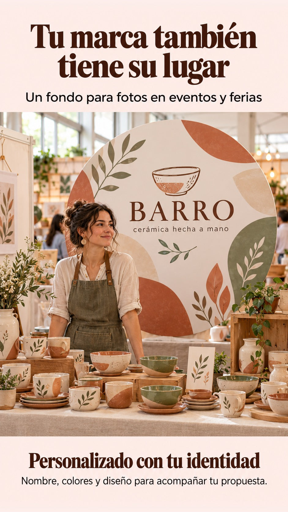 Emprendedora ficticia con un fondo circular de una marca de cerámica de ejemplo en una feria.