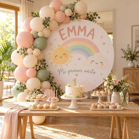 Mesa dulce de primer añito con fondo circular de arcoíris personalizado, globos pastel y torta.