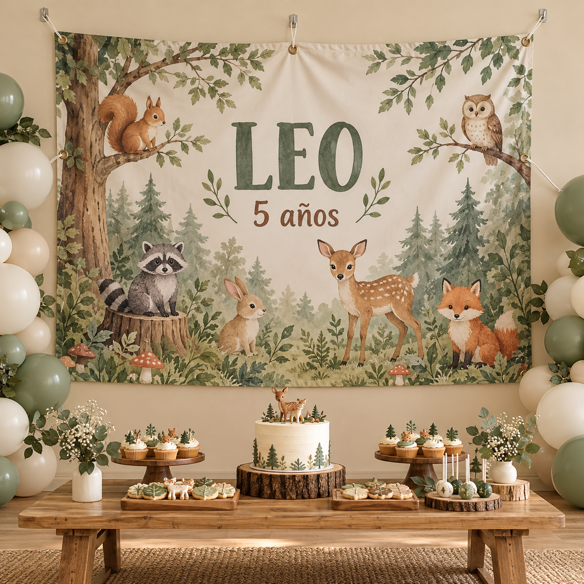 Fondo flexible de lona infantil genérica LEO 5 años, colgado por ojales y cordones delante de una pared.
