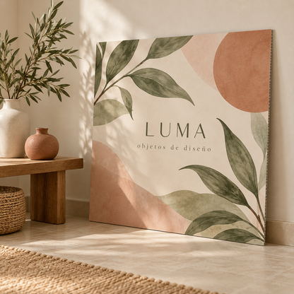 Panel pequeño de cartonplast rígido con diseño botánico de marca ficticia LUMA, apoyado contra pared y con canto corrugado fino visible.