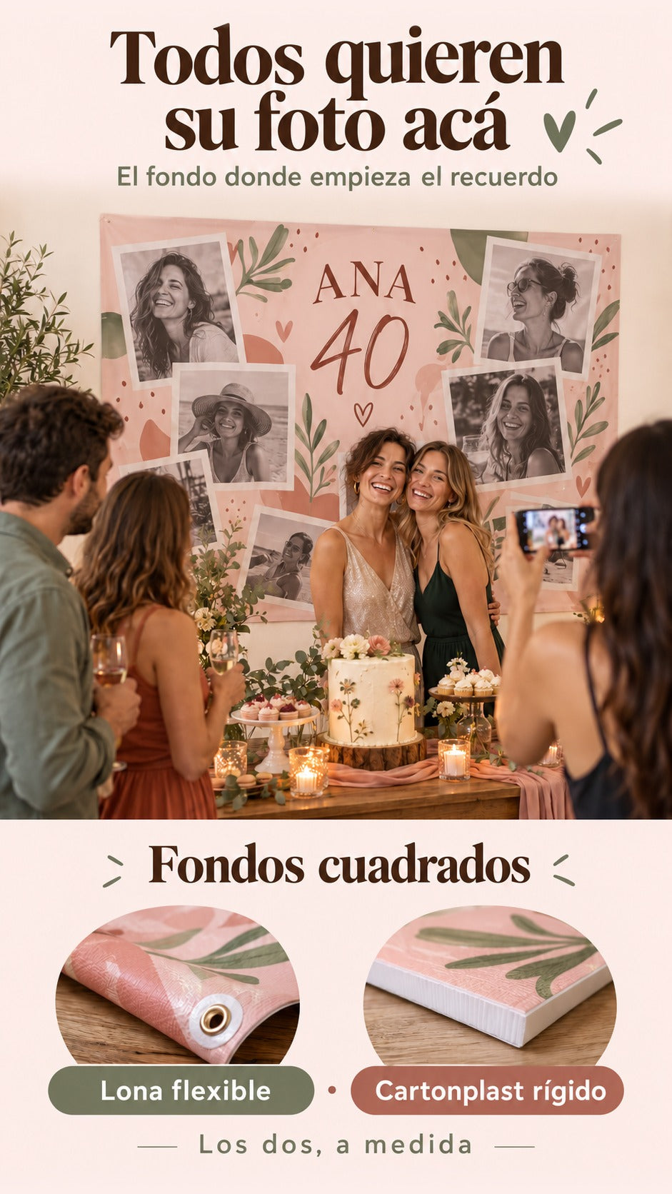 Invitados adultos ficticios posan frente a lona de cumpleaños pegada a la pared; dos muestras presentan lona flexible y cartonplast rígido por igual.