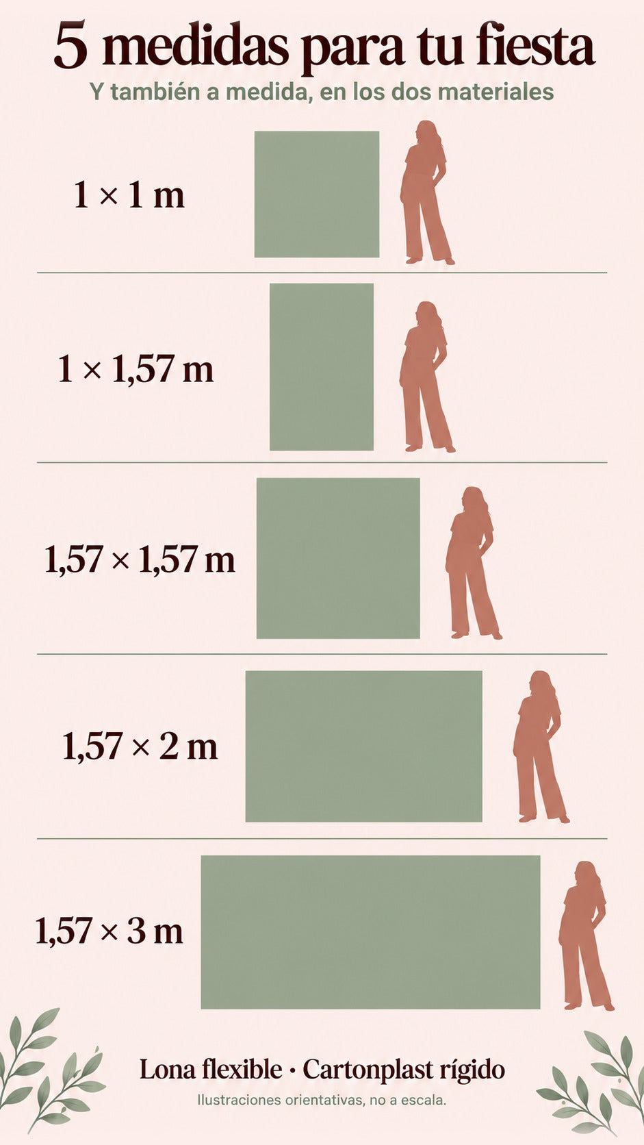 Cinco diagramas de medidas nominales con siluetas humanas; se aclara que no están a escala y ambos materiales se hacen a medida.