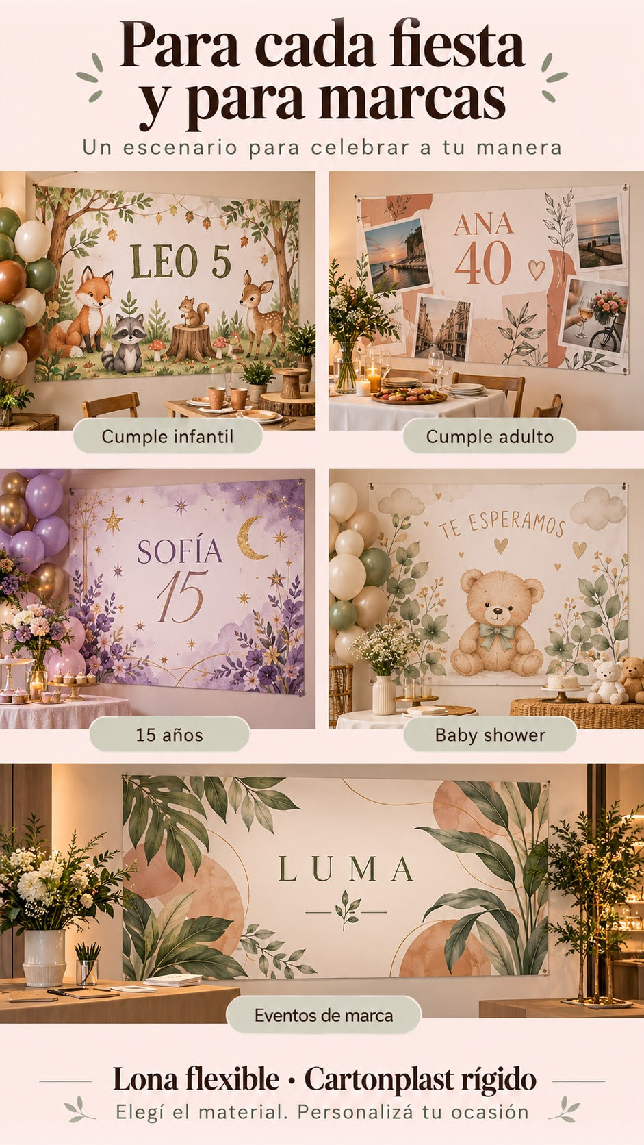 Cinco escenarios de cumpleaños infantil y adulto, quince años, baby shower y evento de marca ficticia.