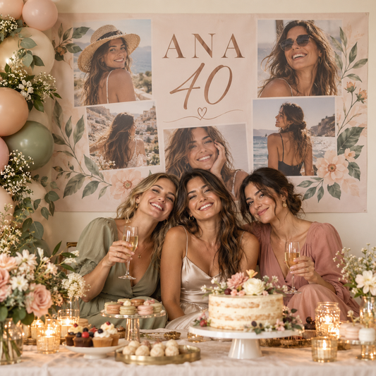 Tres amigas adultas ficticias frente a un fondo de lona lisa pegada a la pared, con collage ANA 40.