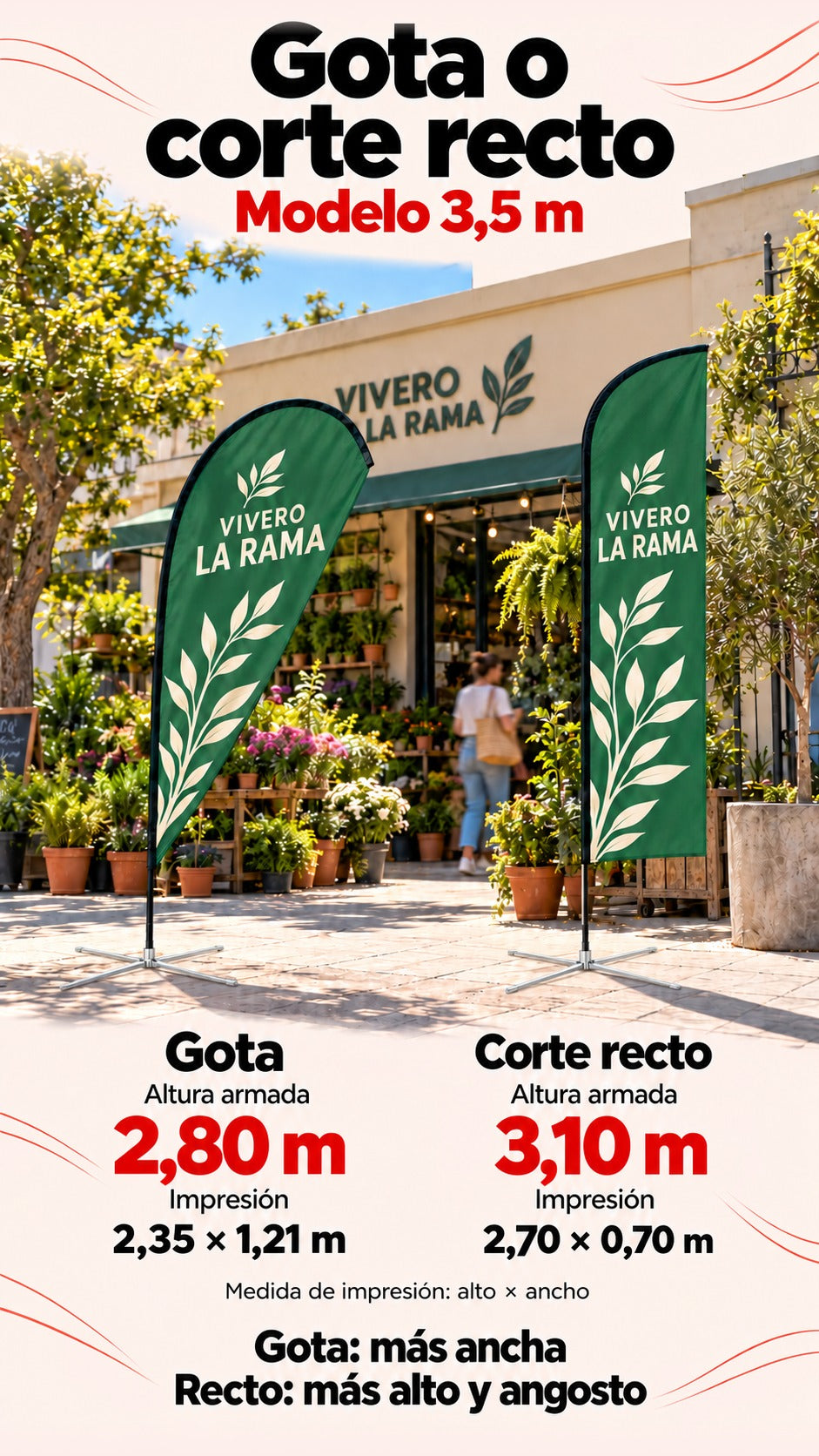 Imagen conceptual de banderas gota y corte recto Vivero La Rama del modelo 3,5 m, con telas verdes apenas translúcidas y crucetas finas, comparando alturas armadas y medidas de impresión.