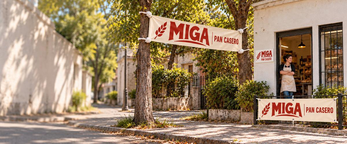 Imagen conceptual del Pack Emprendedor MIGA Pan Casero: pasacalle temporal entre árboles junto al negocio, cartel rígido de Sintra en la pared y lona reforzada con ojales en la reja. Espacio tranquilo a la izquierda para el titular de la web.