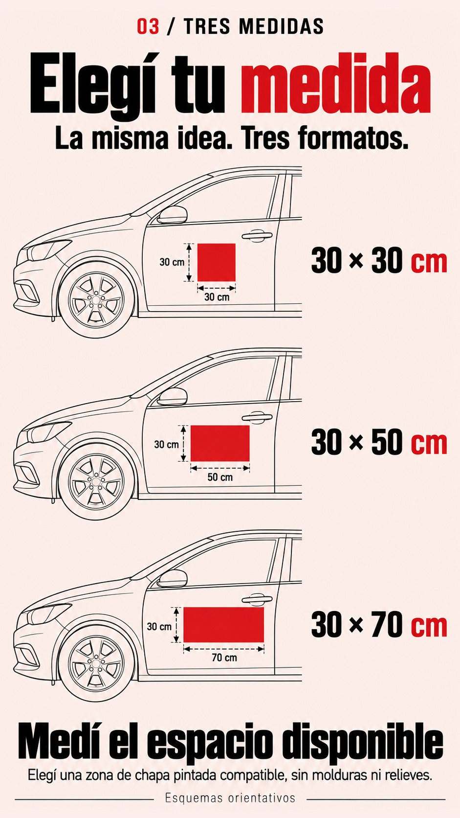 Imagen conceptual de las tres medidas de imán vehicular, 30 × 30, 30 × 50 y 30 × 70 cm, en esquemas orientativos separados de una puerta.