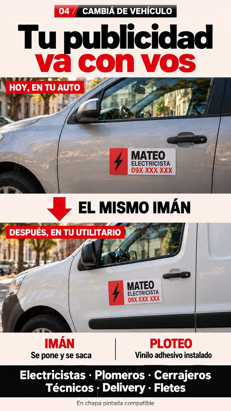 Imagen conceptual de un mismo imán vehicular que pasa de un auto a un utilitario en dos momentos, con comparación entre imán removible y ploteo adhesivo instalado.