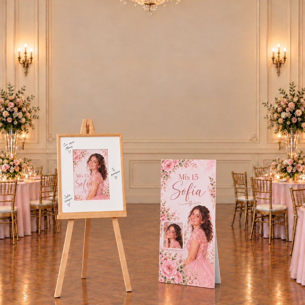 Kit 15 Años: cuadro con vidrio sobre atril y banner rígido de 100 × 50 cm