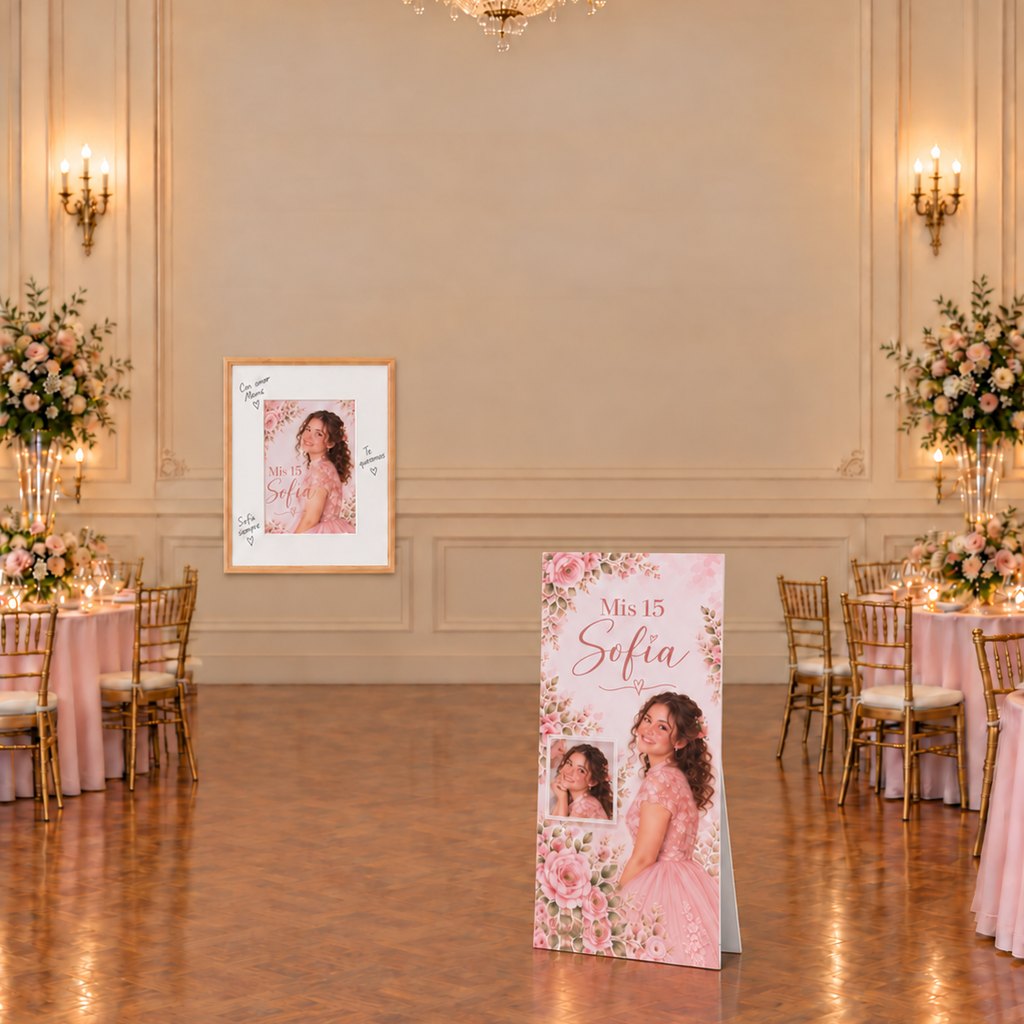 Kit 15 Años: cuadro con vidrio colgado y banner rígido de 100 × 50 cm