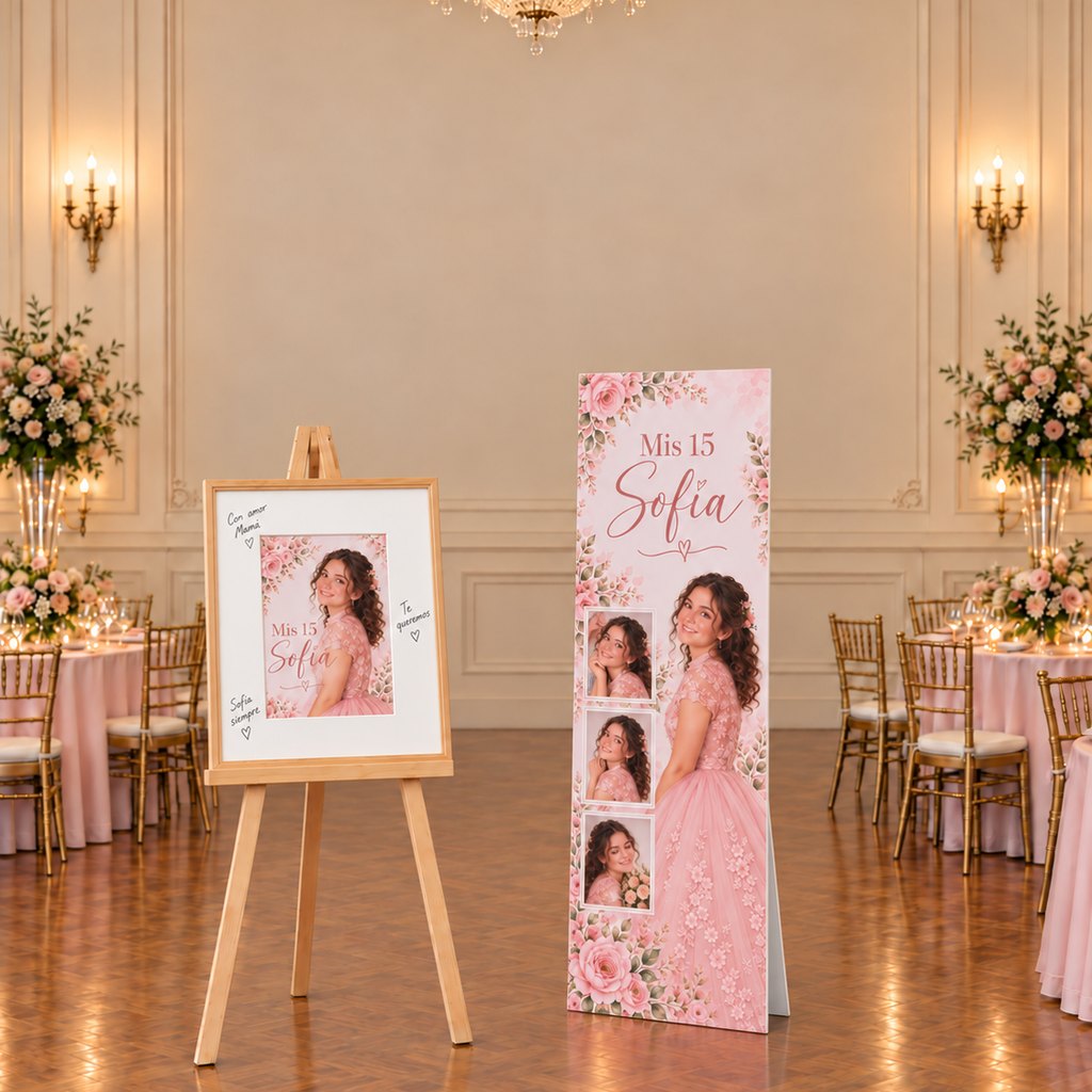 Kit 15 Años: cuadro con vidrio sobre atril y banner rígido de 150 × 50 cm