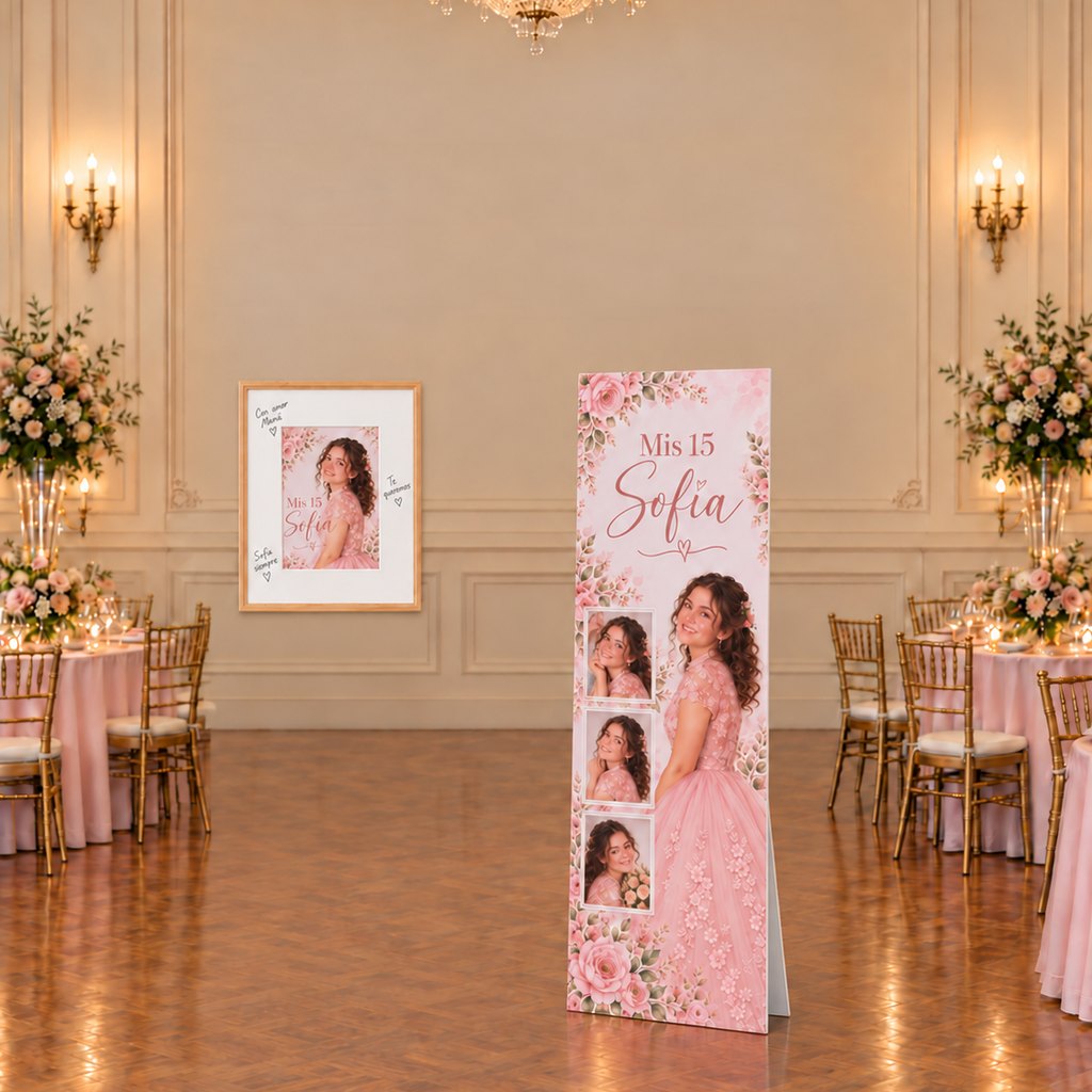 Kit 15 Años: cuadro con vidrio colgado y banner rígido de 150 × 50 cm