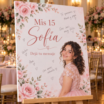 Detalle del mural de Sintra sin marco, con retrato ficticio de Sofía y mensajes de invitados.